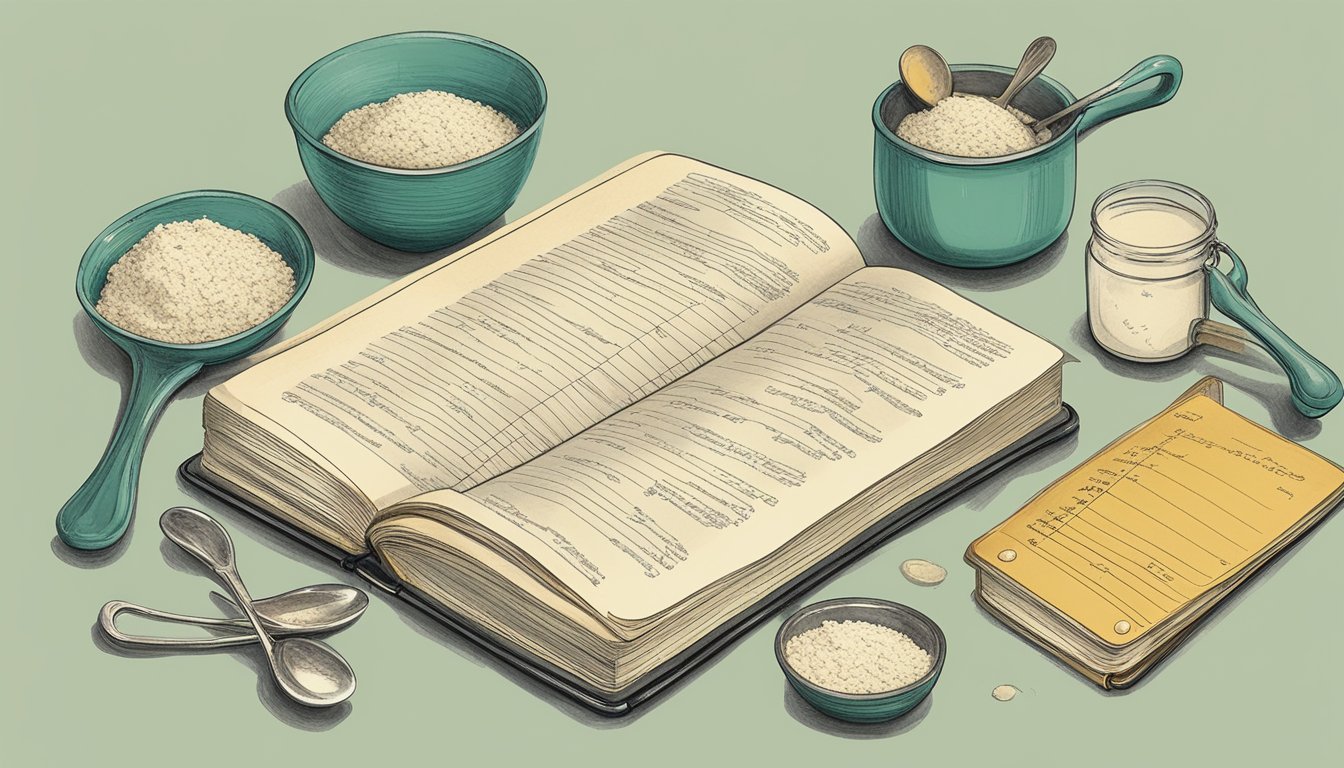 A vintage recipe book with a mix of handwritten and typed recipes, surrounded by measuring cups and spoons, a scale, and a calculator