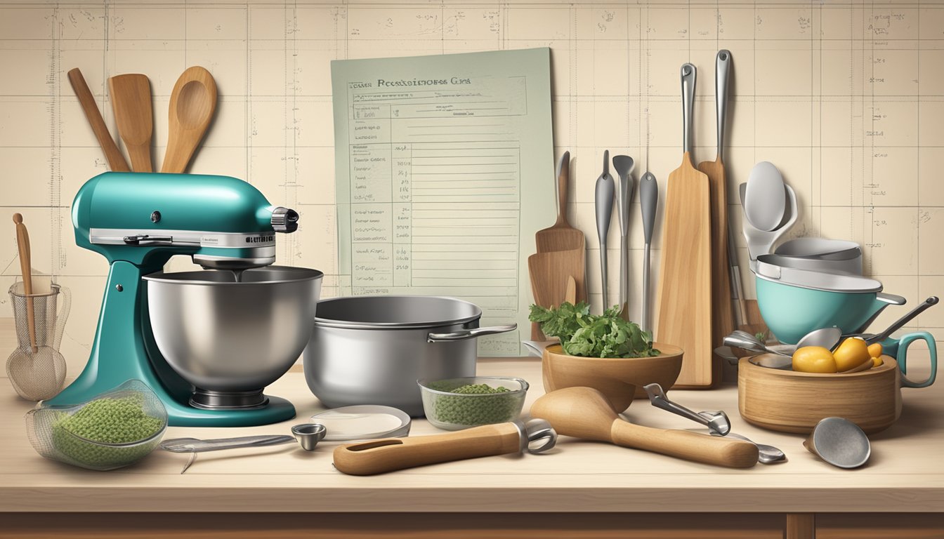 A vintage recipe card surrounded by a mix of old and new measuring tools, with a modern kitchen in the background