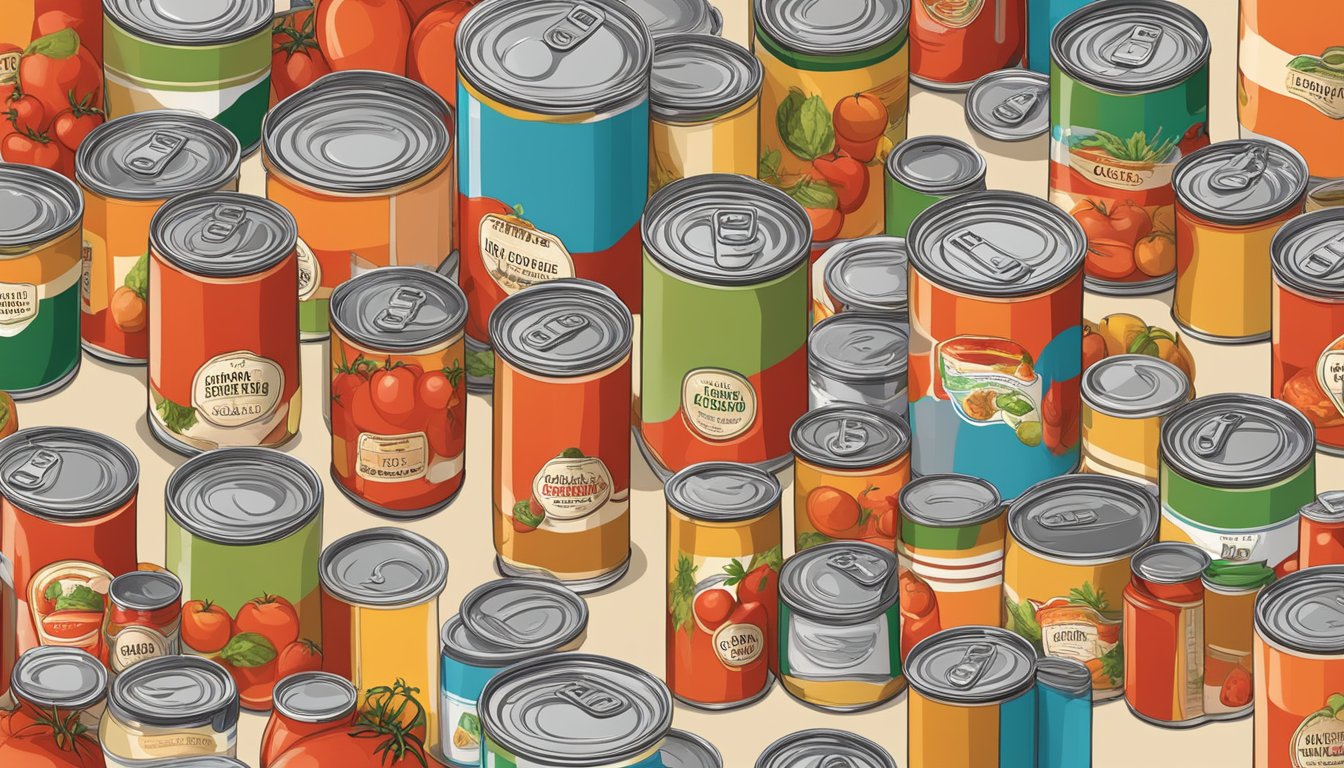 A can of tomato sauce with a label displaying the size in ounces, surrounded by various other cans of different sizes and types of food