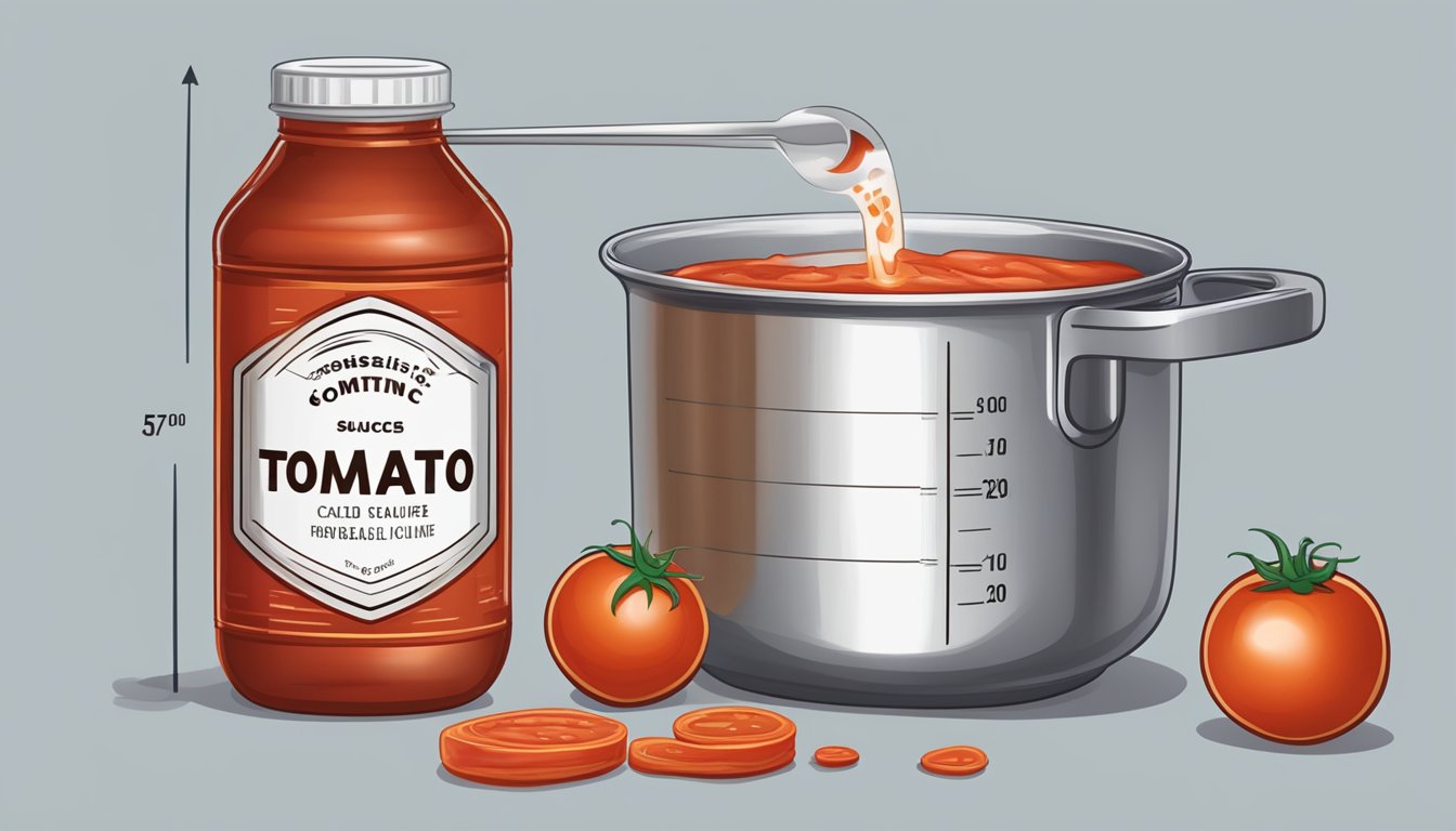 A can of tomato sauce pouring into a measuring cup, with a labeled scale showing the ounces