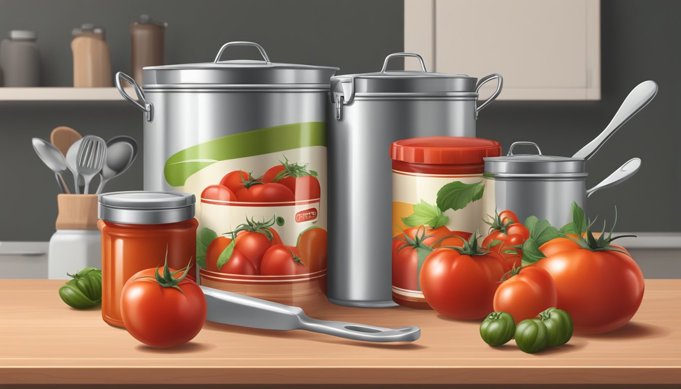 A can of tomato sauce sits on a kitchen counter, surrounded by various cooking utensils and fresh tomatoes