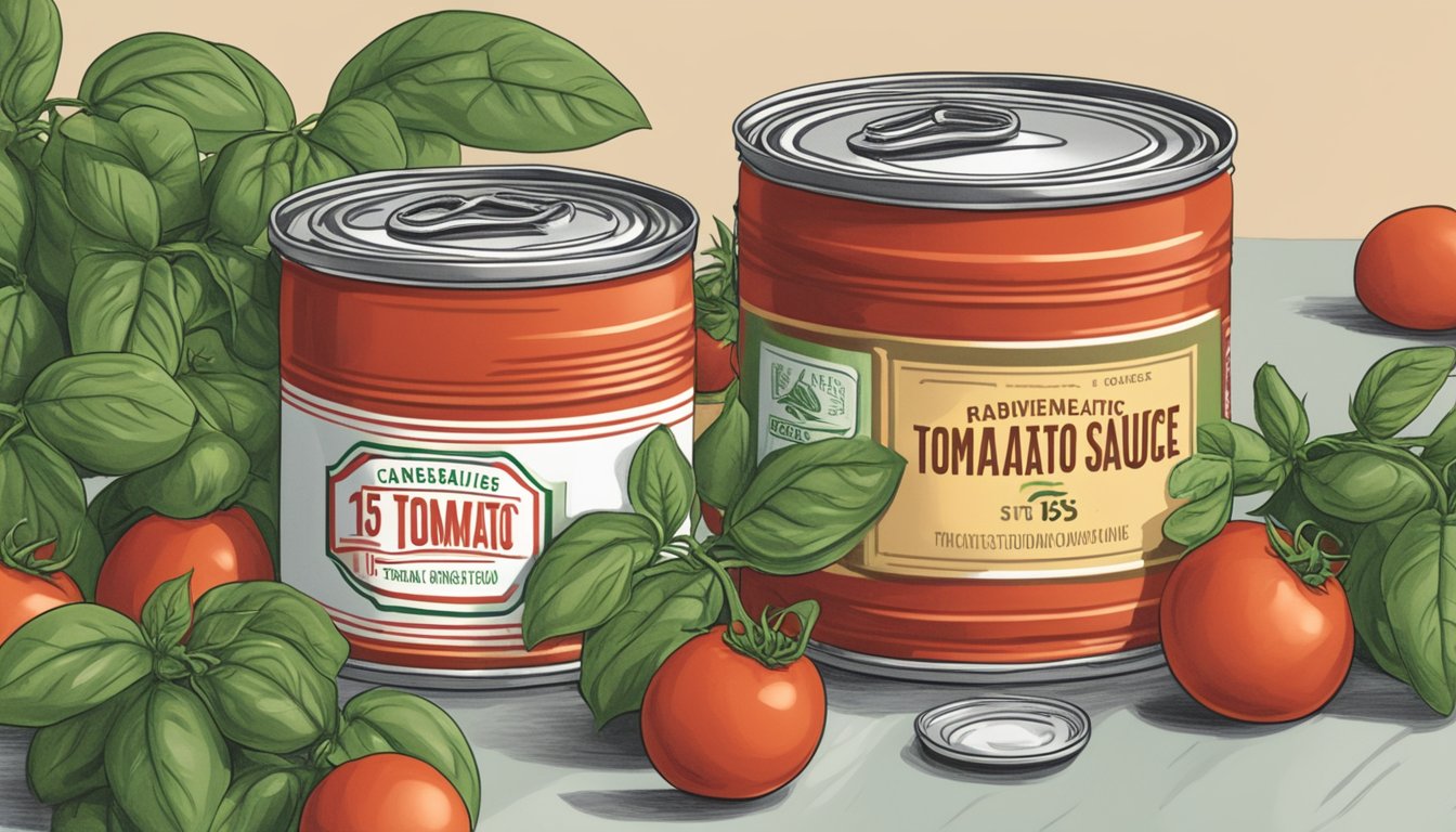 A can of tomato sauce sits on a kitchen counter, surrounded by fresh tomatoes and basil leaves. The label on the can reads "15 ounces."