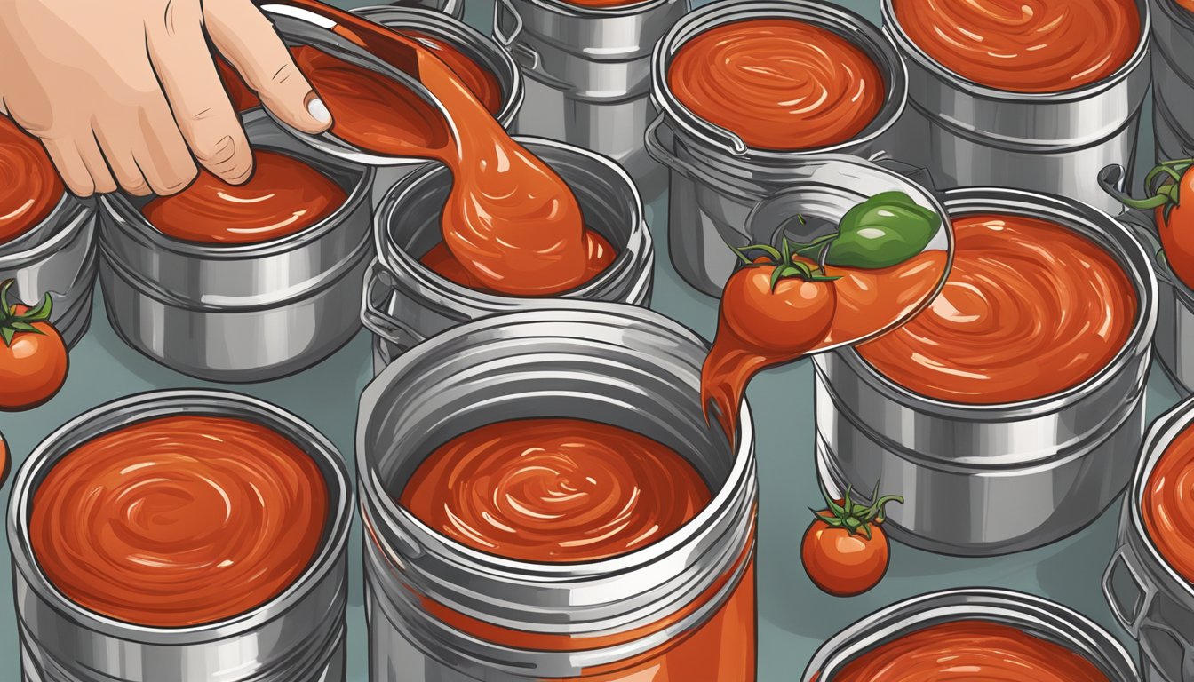 A hand pouring tomato sauce from a large can into smaller retail-sized containers