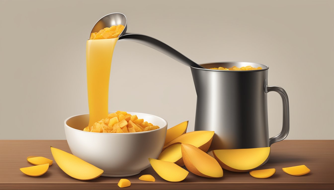 A pound of dried mango pouring into a measuring cup