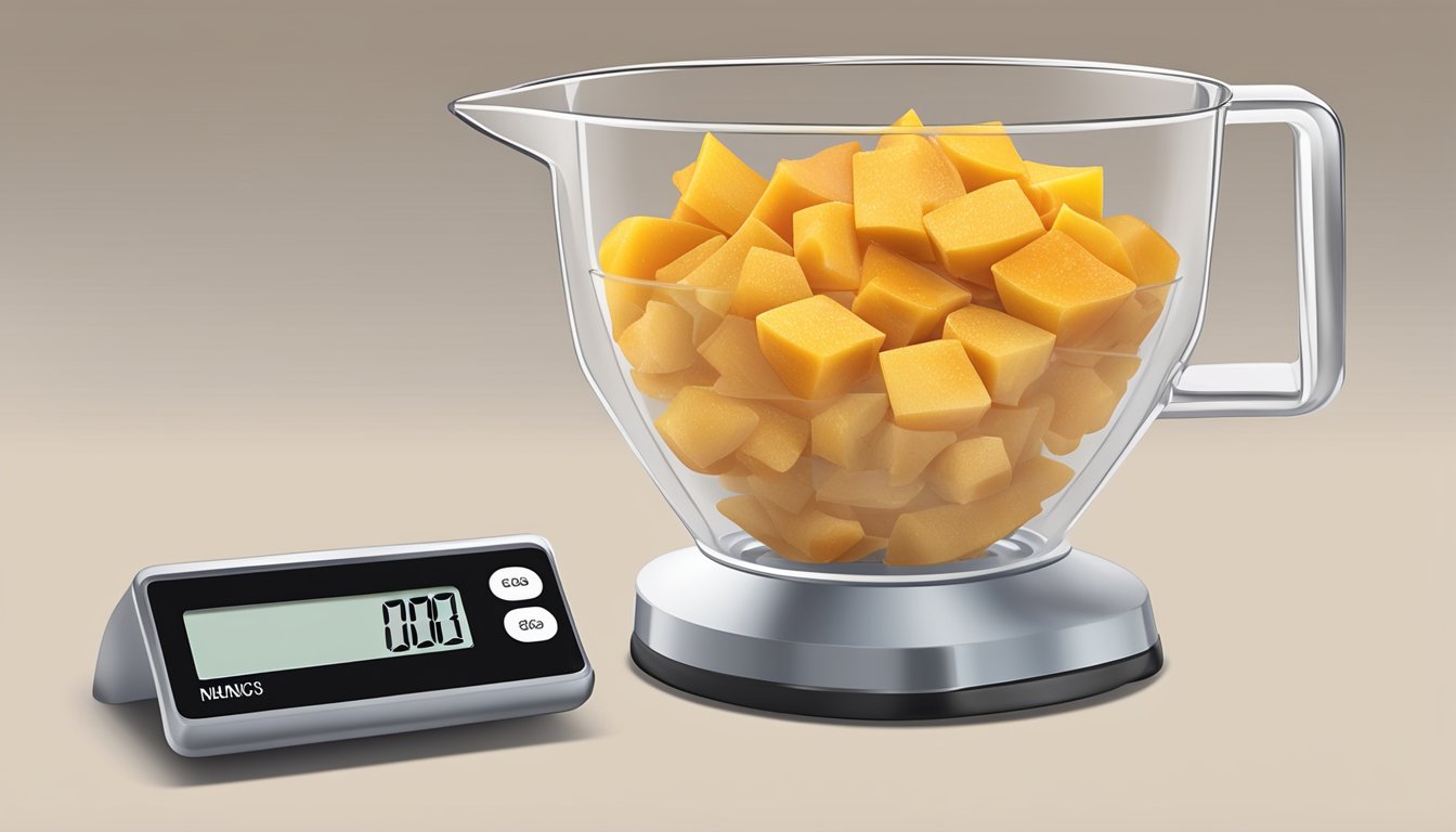 A clear measuring cup filled with dried mango chunks, with a digital scale displaying the weight in pounds