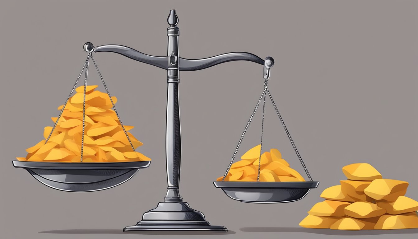 A scale with a pile of dried mango on one side and a pound weight on the other