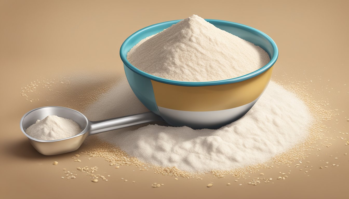 A pile of whole wheat flour spilling out of a measuring cup, with a pound of flour and a tablespoon nearby