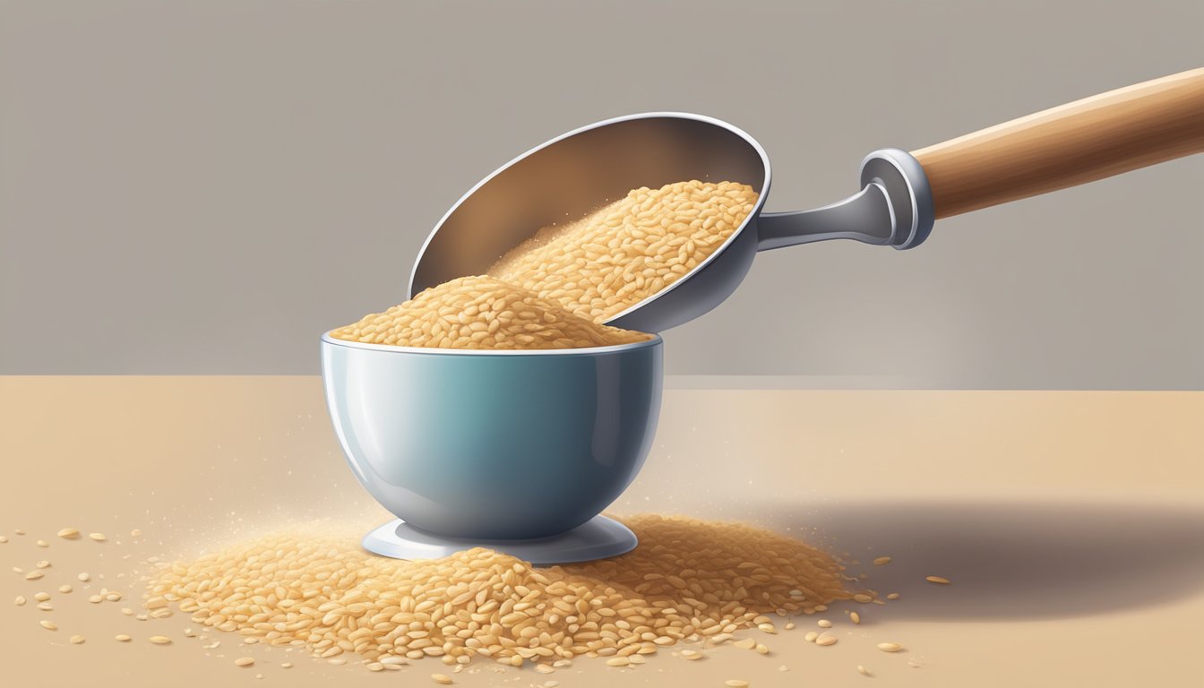 A pound of whole wheat flour pouring into a measuring spoon, with additional tablespoons stacked nearby