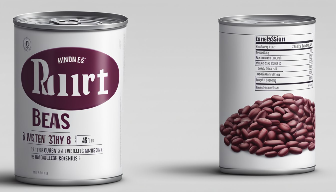 A can of red kidney beans, labeled with the weight in ounces, sits on a clean white surface. The can is open, revealing the contents inside