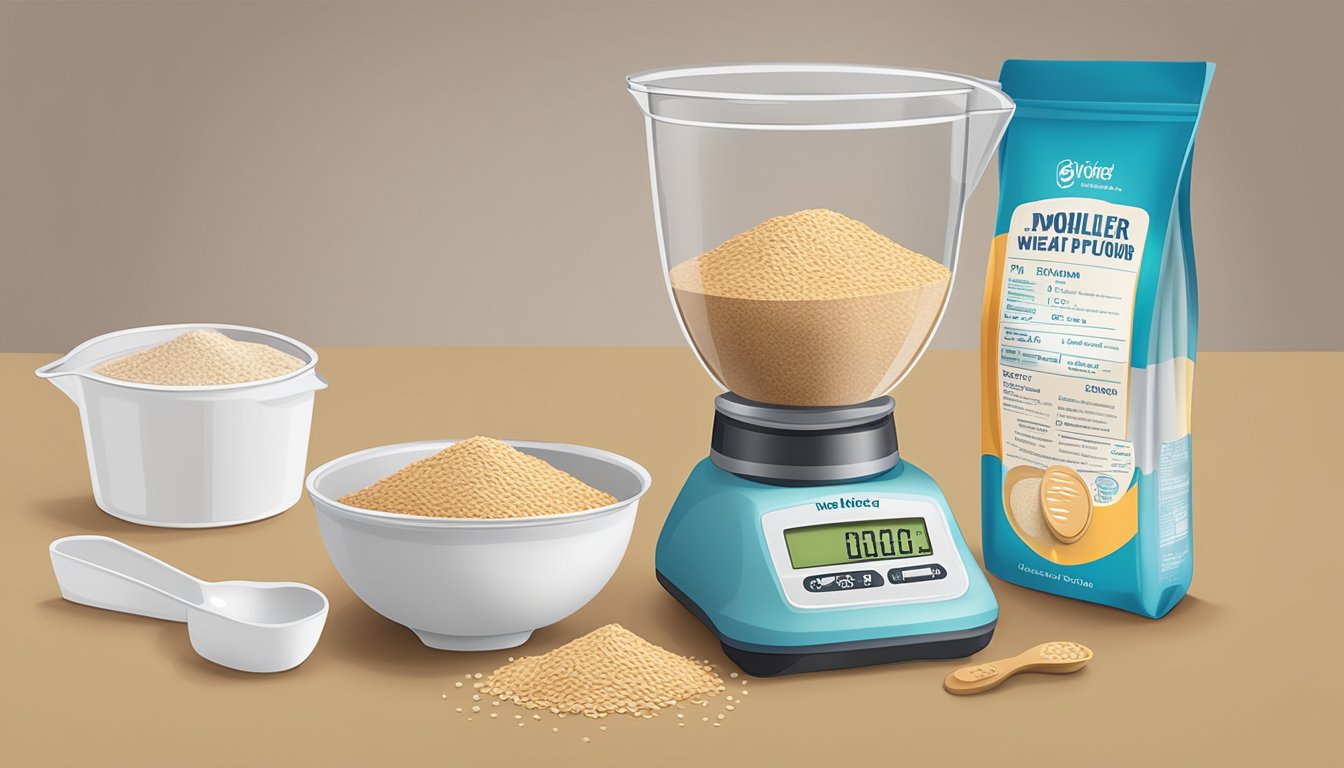 A digital scale displaying 32 tablespoons of whole wheat flour next to a one-pound bag. A measuring spoon sits nearby