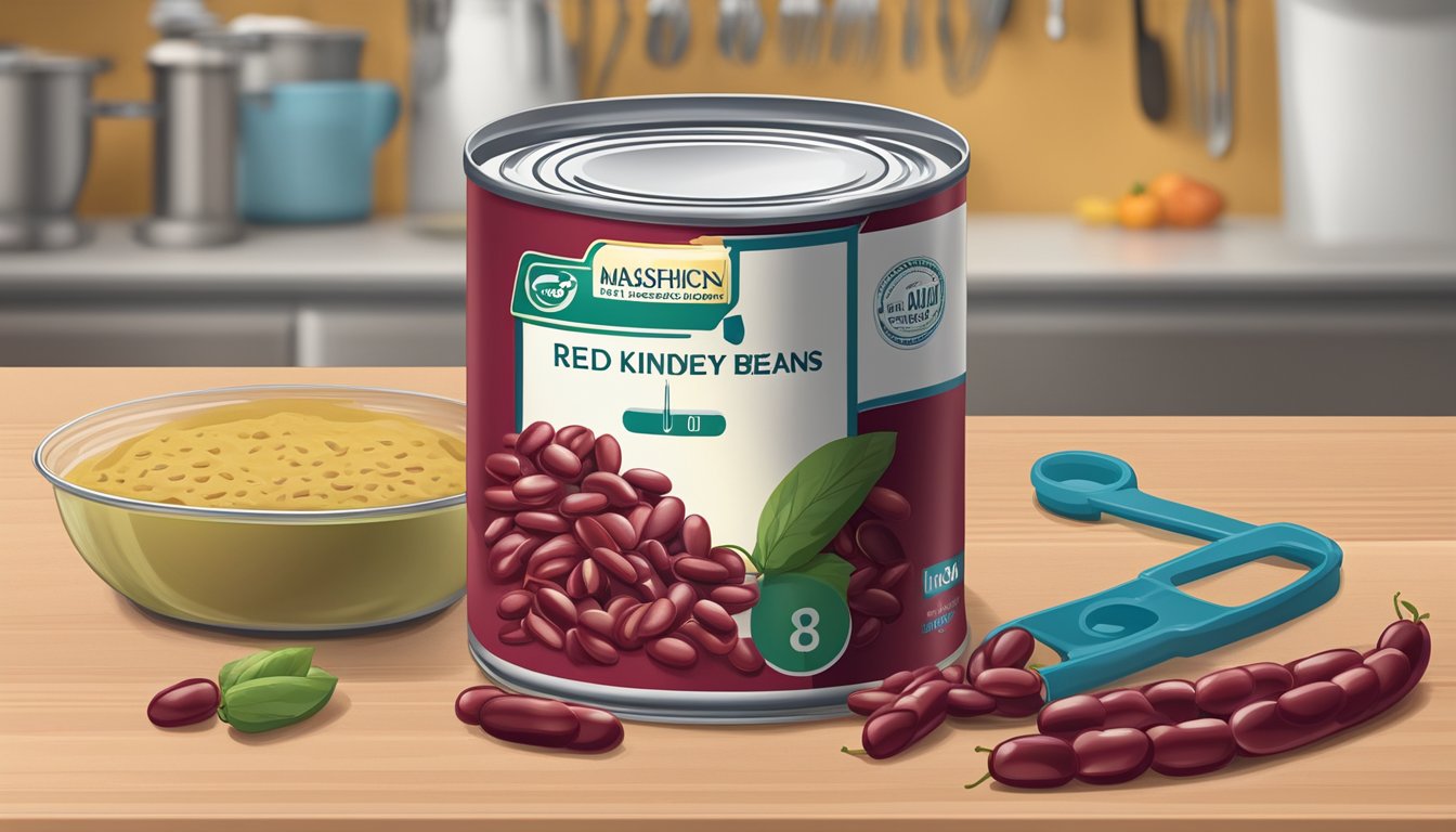 A can of red kidney beans sits open on a kitchen counter, with a measuring scale nearby showing the weight in ounces