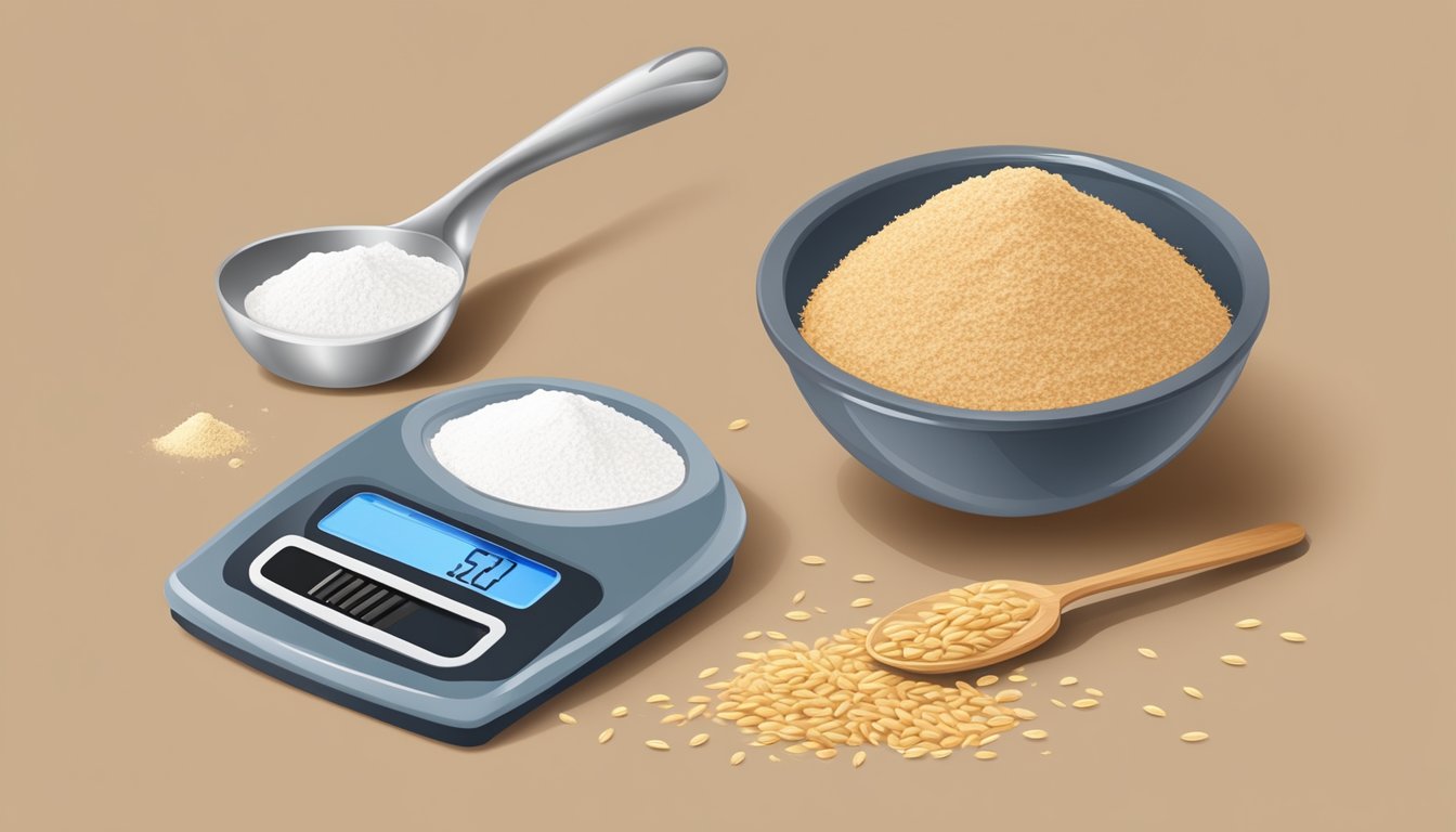 A scale with a pile of whole wheat flour next to a measuring spoon