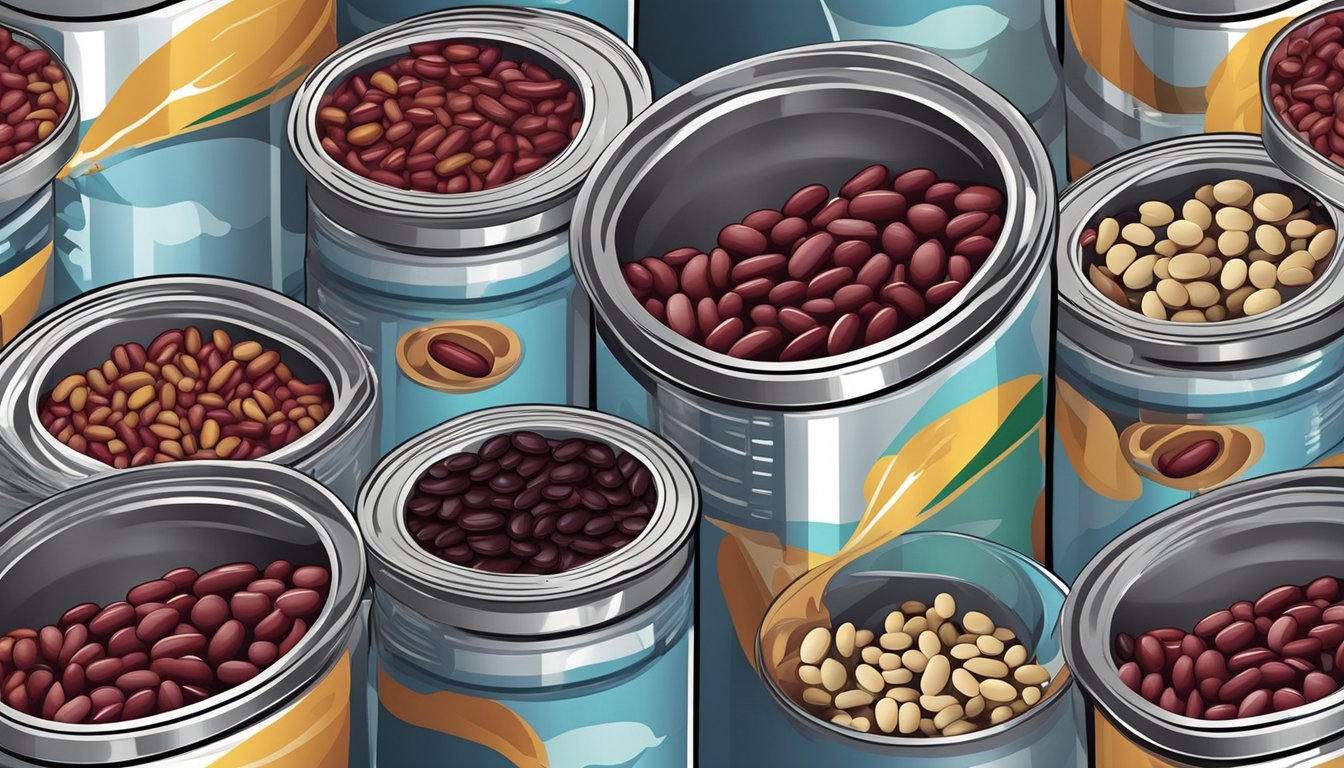 A can of red kidney beans with 15 ounces, surrounded by various types of beans in different containers