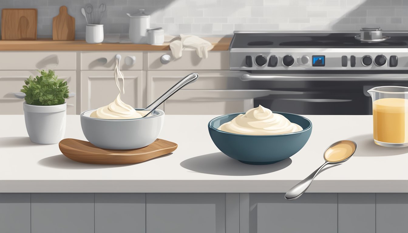 A measuring spoon filled with the perfect amount of cream sits next to a bowl and whisk on a clean kitchen counter