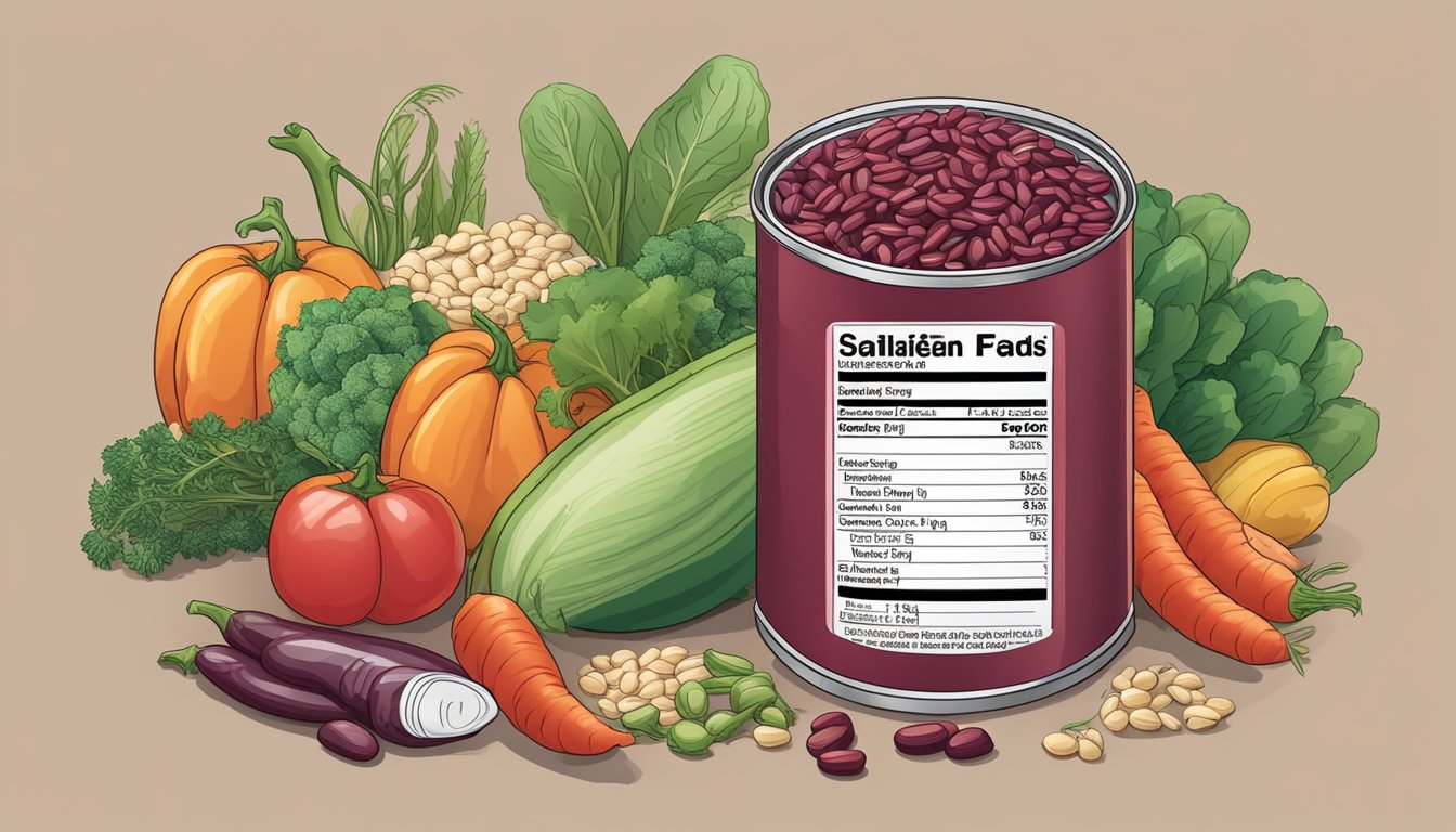 A can of red kidney beans, with the label showing the weight in ounces, surrounded by various healthy food items like vegetables and grains