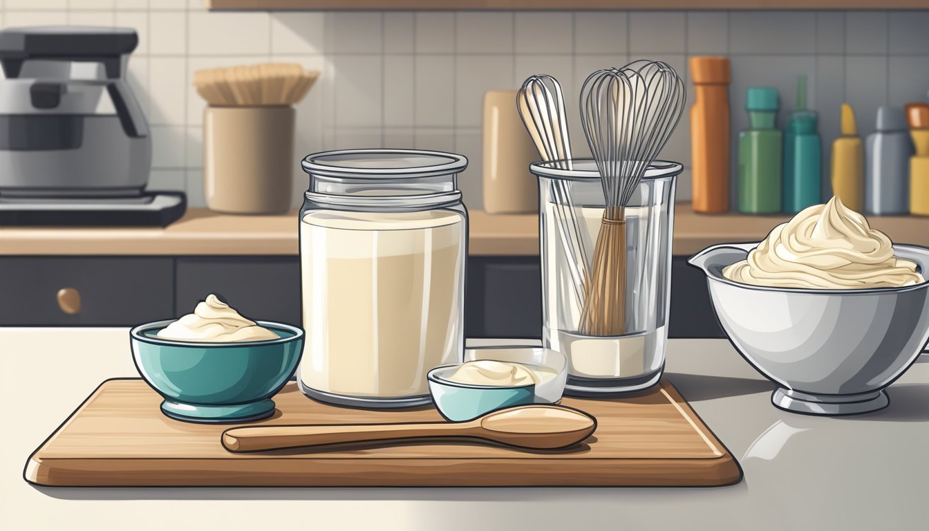 A measuring cup filled with cream next to a whisk and bowl on a kitchen counter