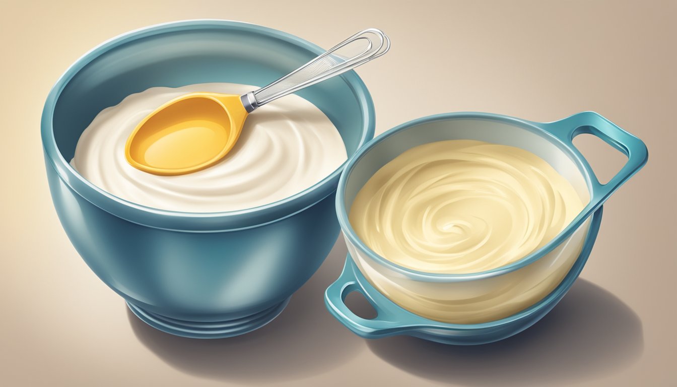 A bowl of cream with a measuring cup beside it, a whisk and a mixing bowl in the background