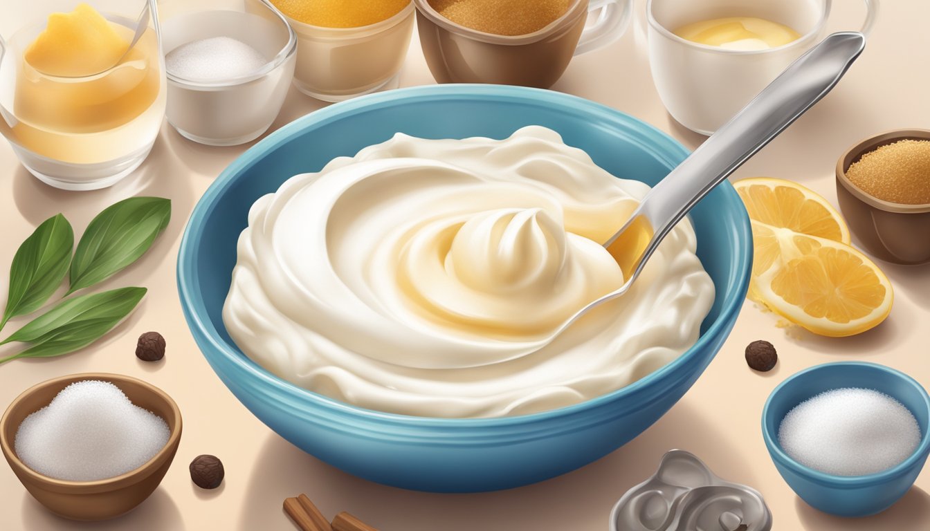 A bowl with a dollop of cream being poured into a measuring cup, surrounded by ingredients like vanilla and sugar