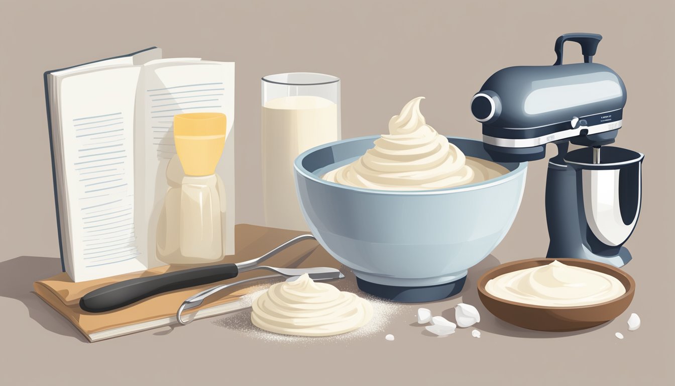 A bowl of cream with a measuring cup next to it, a hand mixer, and a recipe book open to a page on stabilizing and whipping cream