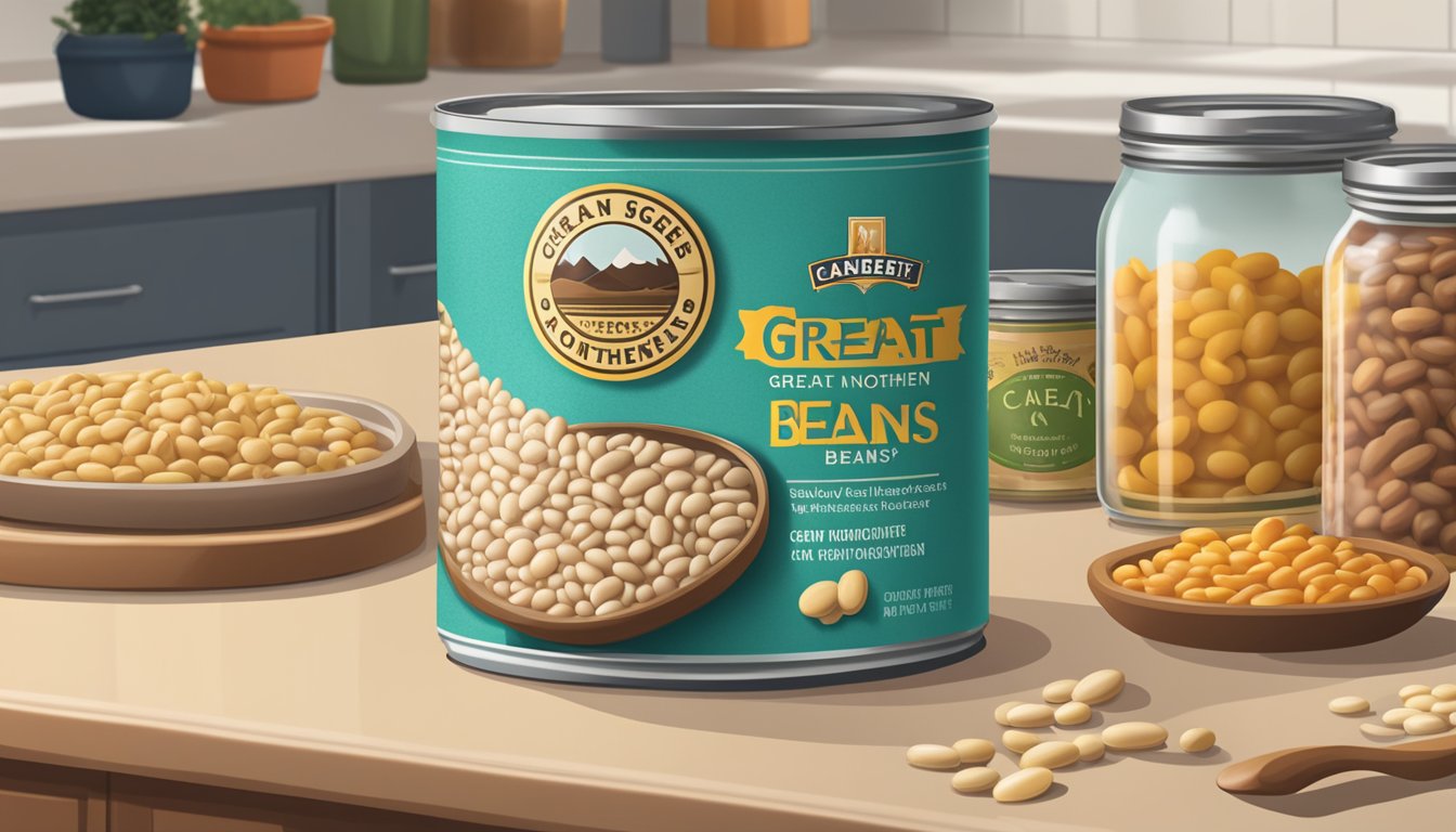 A can of great northern beans sits on a kitchen countertop, surrounded by other pantry items. The label clearly displays the ounces