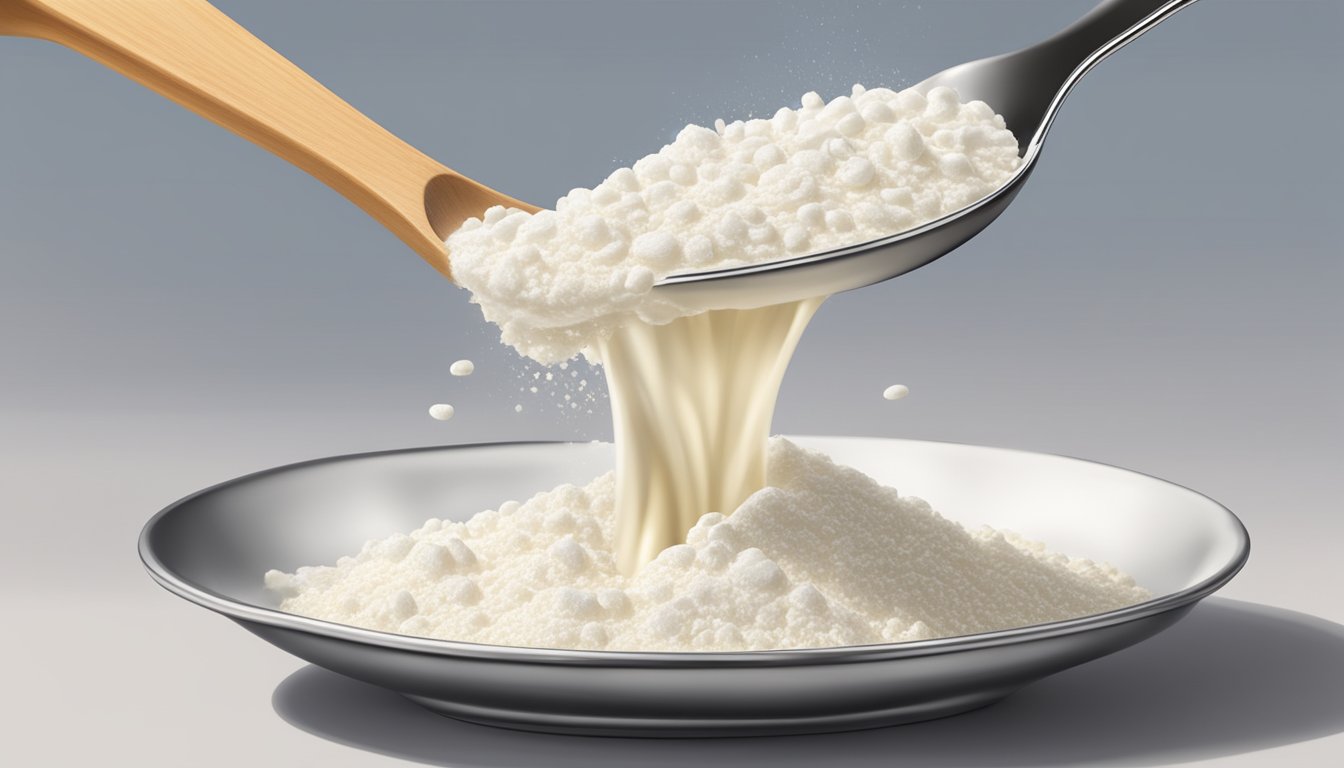 A pound of cream of tartar pouring into a measuring spoon, with a pile of tablespoons in the background