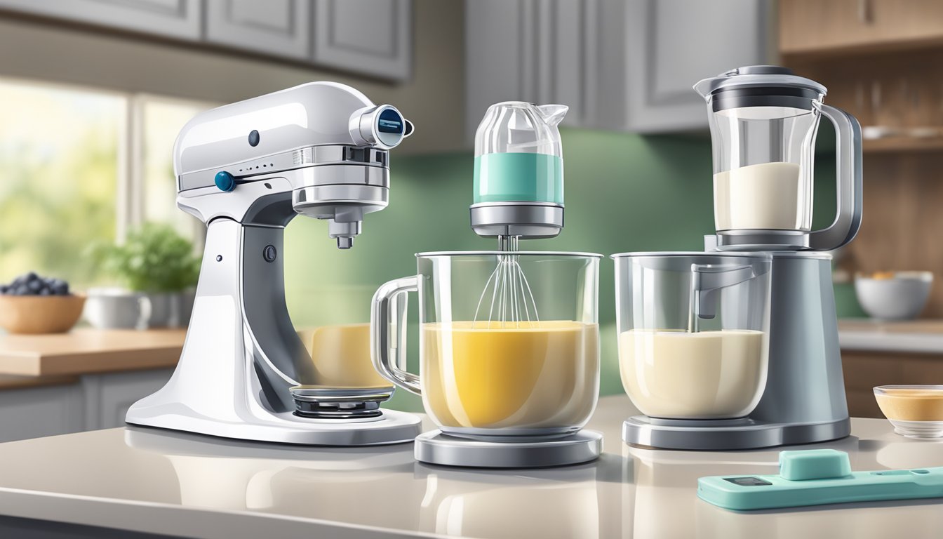 A clear glass measuring cup filled with cream next to a handheld electric mixer on a clean kitchen counter