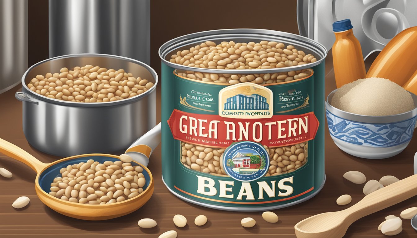 A can of great northern beans sits open on a countertop, surrounded by various cooking utensils and ingredients