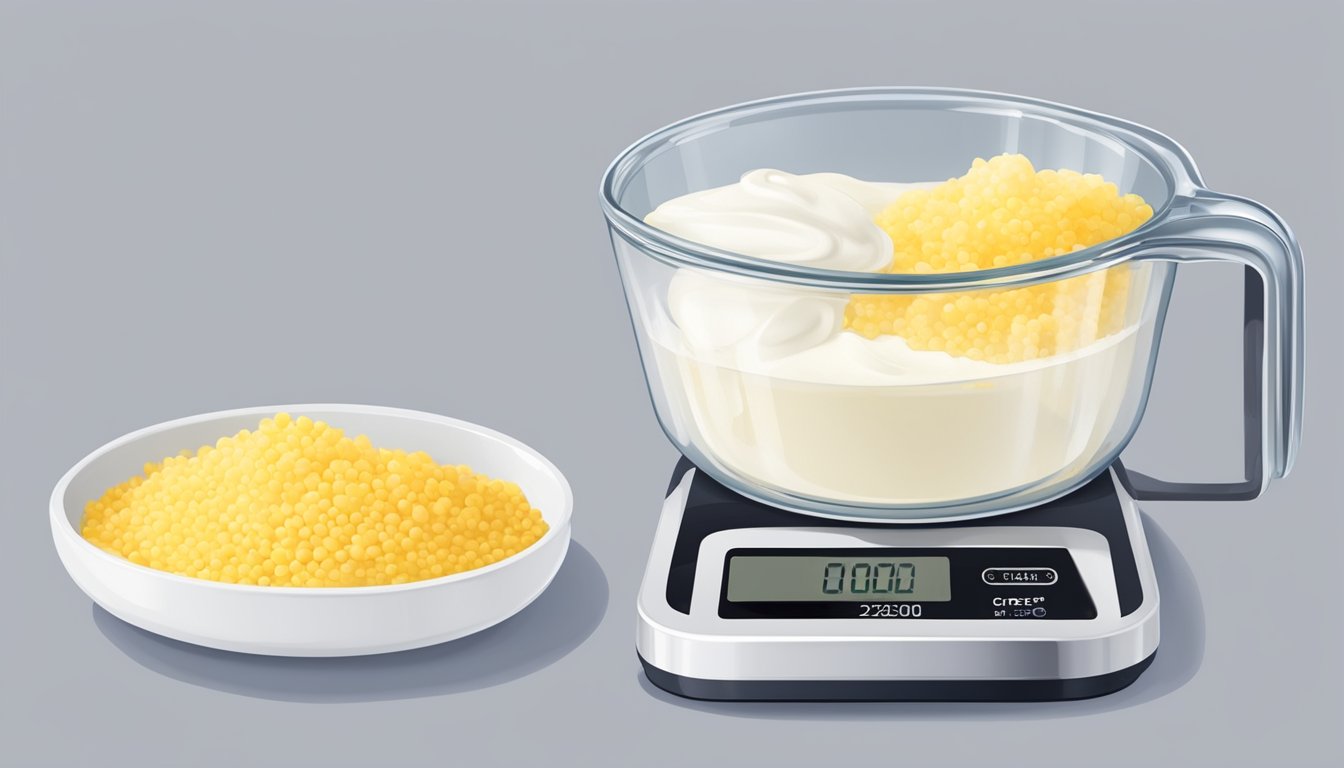 A measuring cup filled with cream of tartar next to a digital scale displaying the weight in pounds and tablespoons