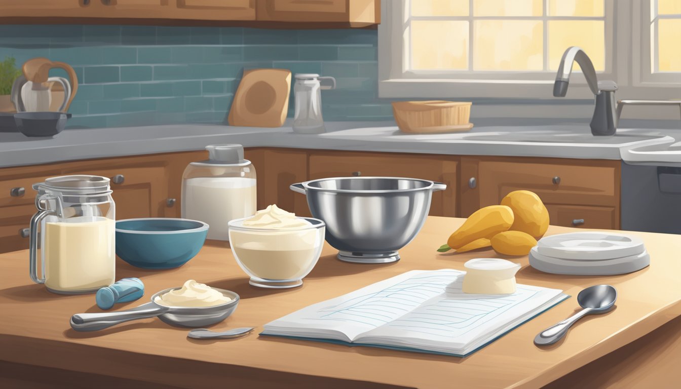 A pristine kitchen counter with a bowl of cream, a measuring cup, and a hand mixer ready for whipping. A measuring spoon and a recipe book lay nearby