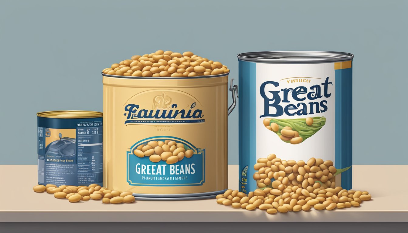 A can of great northern beans sits open, spilling out onto a kitchen counter, with a measuring scale nearby showing the weight in ounces