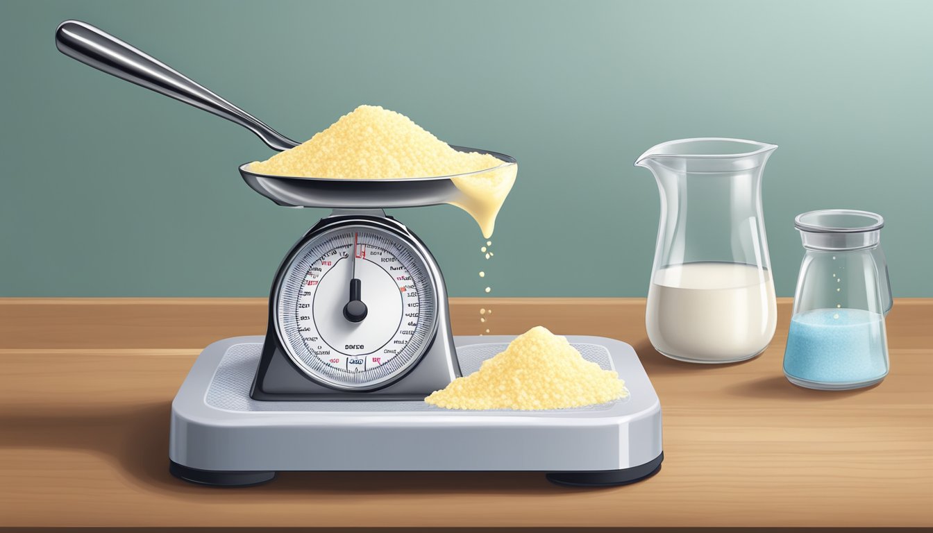 A pound of cream of tartar spilled onto a kitchen scale, with a tablespoon next to it for comparison