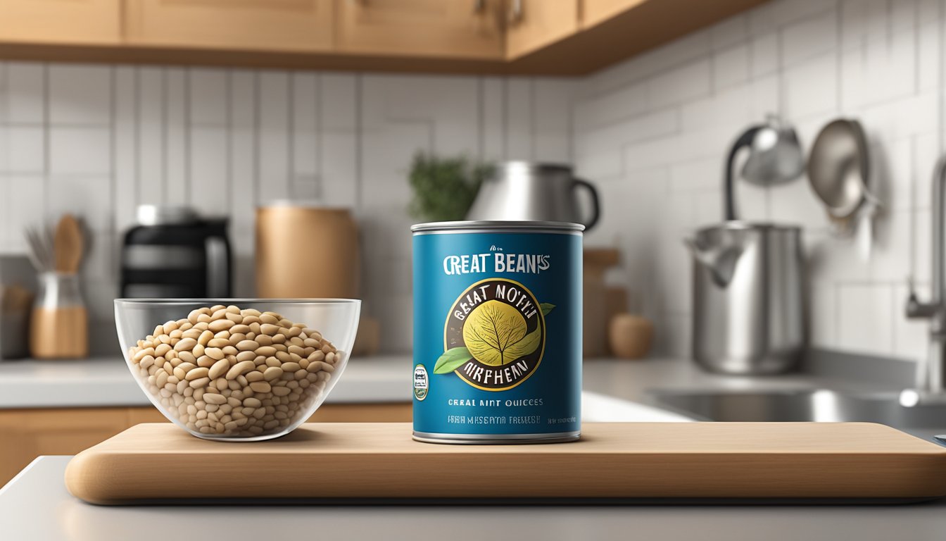 A can of great northern beans, labeled with the weight in ounces, sits on a kitchen countertop next to a measuring scale