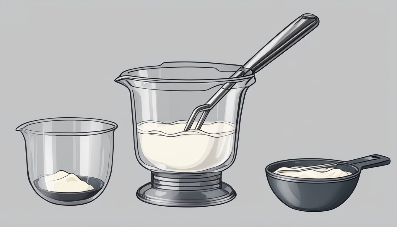 A clear measuring cup filled with heavy cream, a metal whisk, and a bowl ready for whipping