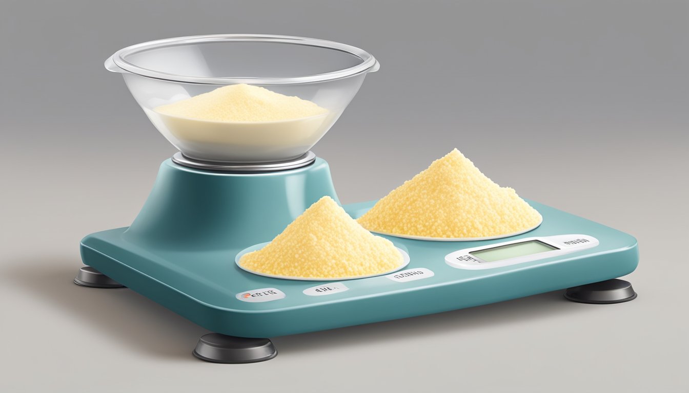 A kitchen scale with a mound of cream of tartar being measured by tablespoons