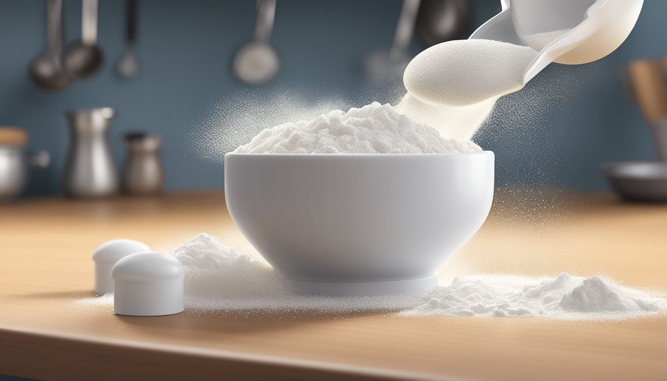 A pound of cream of tartar spills from a measuring cup, scattering white powder across a kitchen countertop