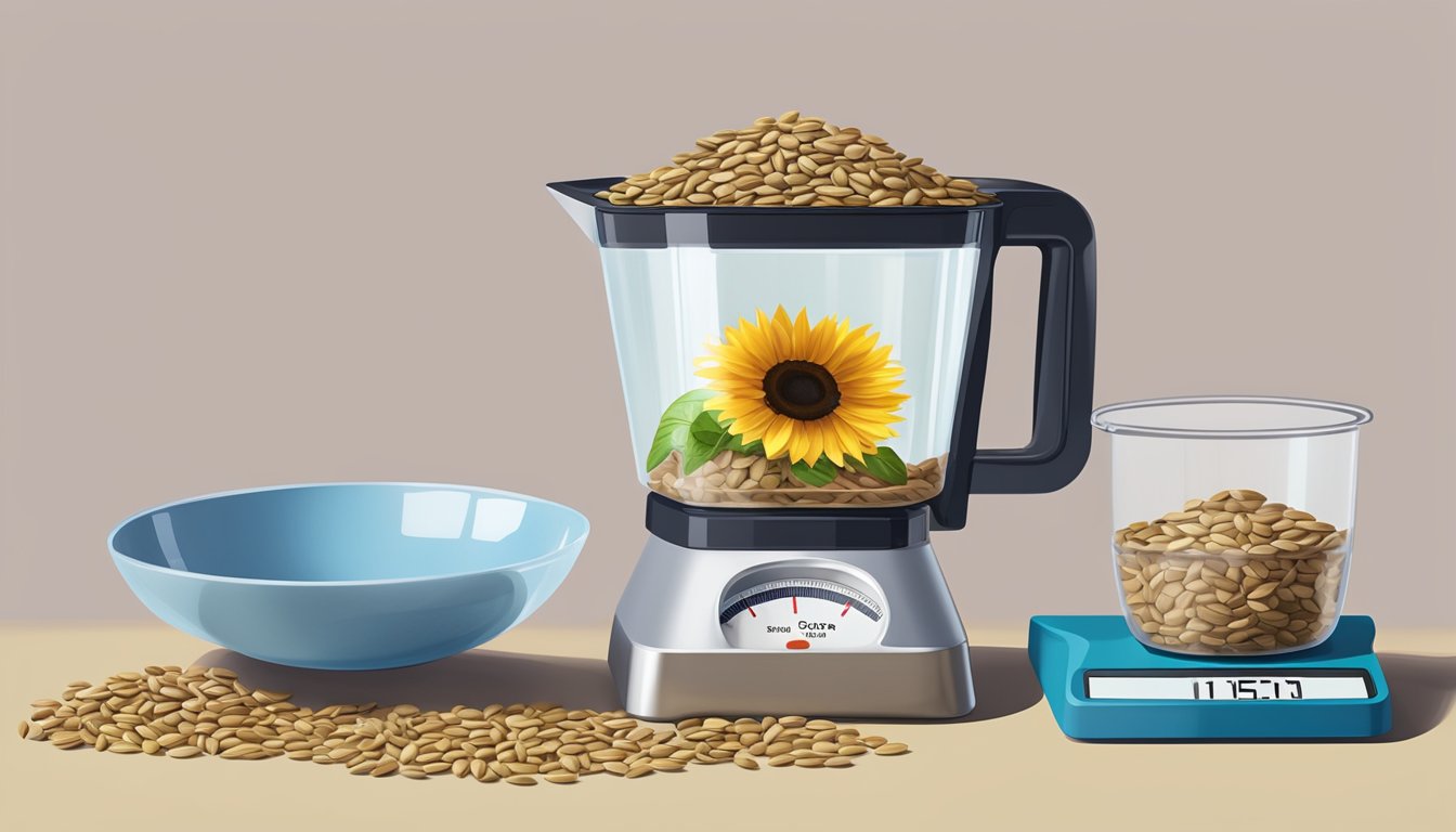 A measuring cup filled with sunflower seeds next to a digital scale displaying one pound