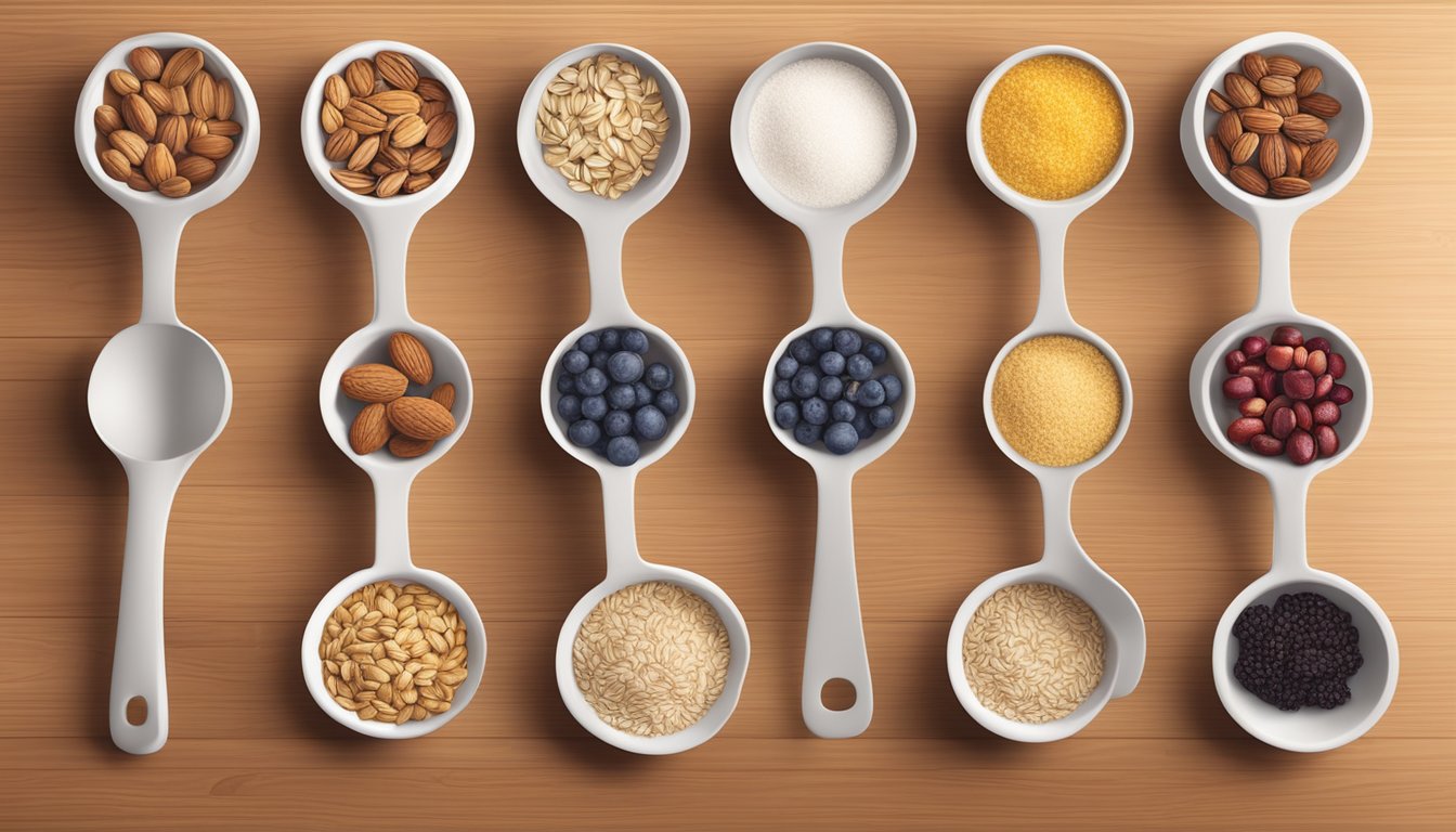 A set of measuring cups and spoons arranged neatly on a clean, wooden countertop, surrounded by various ingredients such as oats, nuts, and dried fruit