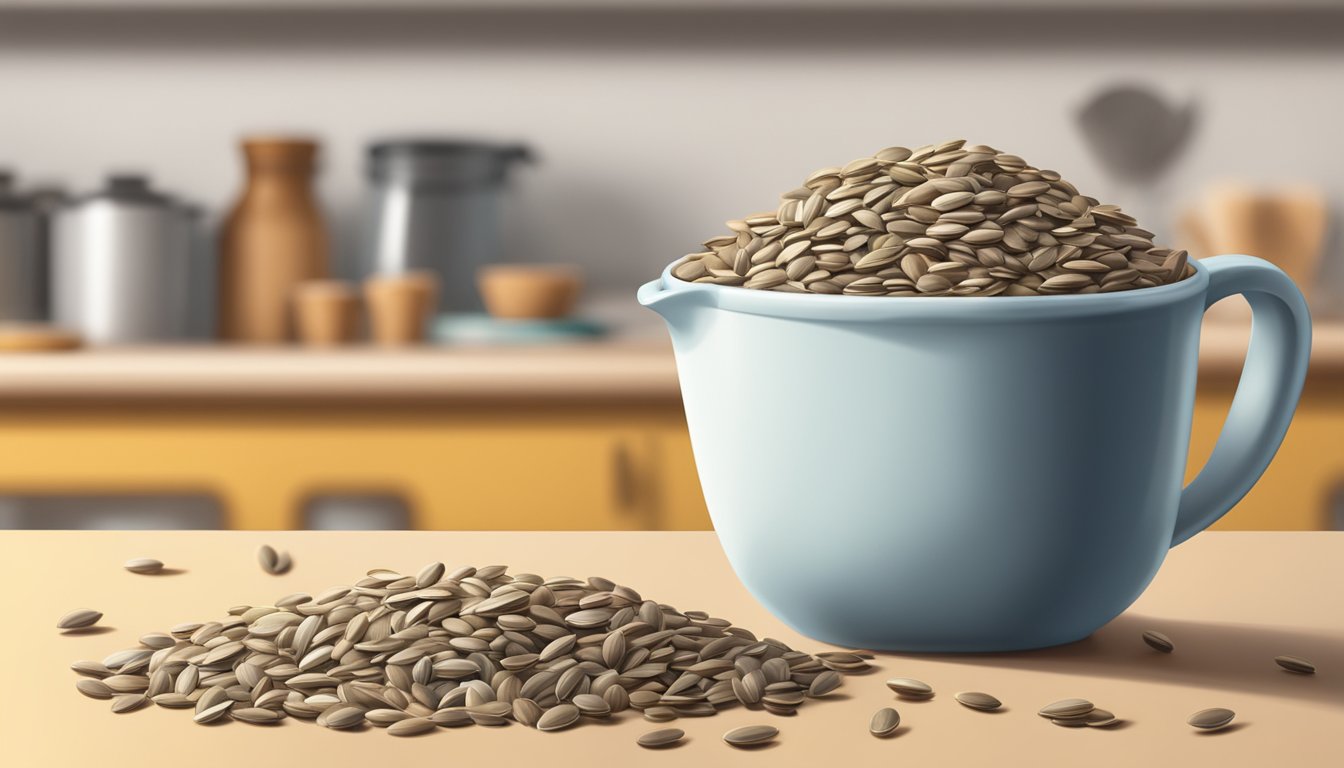 A measuring cup filled with sunflower seeds, spilling over from the top, next to a scattered pile of seeds on a kitchen counter