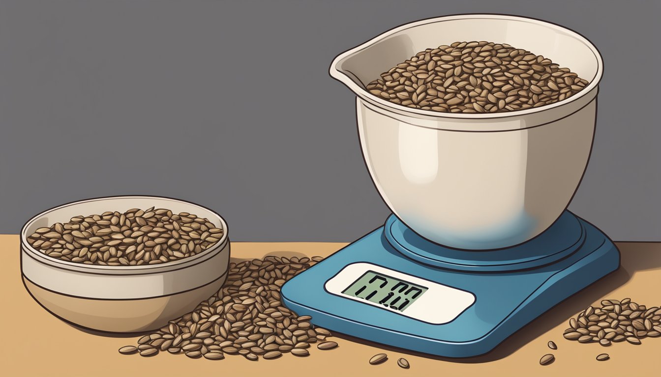 A measuring cup filled with sunflower seeds next to a digital scale displaying the weight as one pound