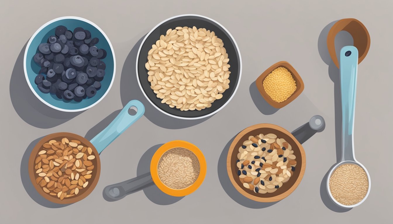 A set of measuring cups and spoons arranged neatly next to a variety of ingredients such as oats, nuts, seeds, and dried fruits on a clean kitchen counter