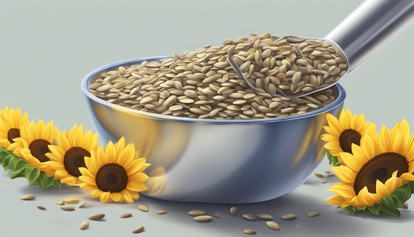 A pound of sunflower seeds pouring into a measuring cup