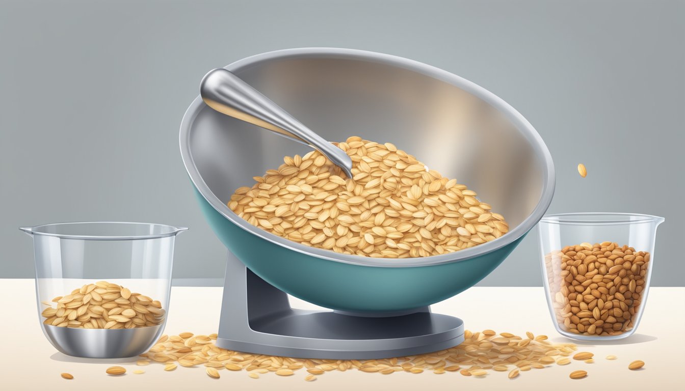 A measuring cup pouring oats into a mixing bowl, with a spoon leveling off the top. A scale displaying the precise weight of nuts and seeds