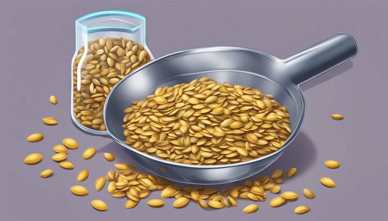 A measuring cup filled with sunflower seeds pouring into a scale, showing one pound