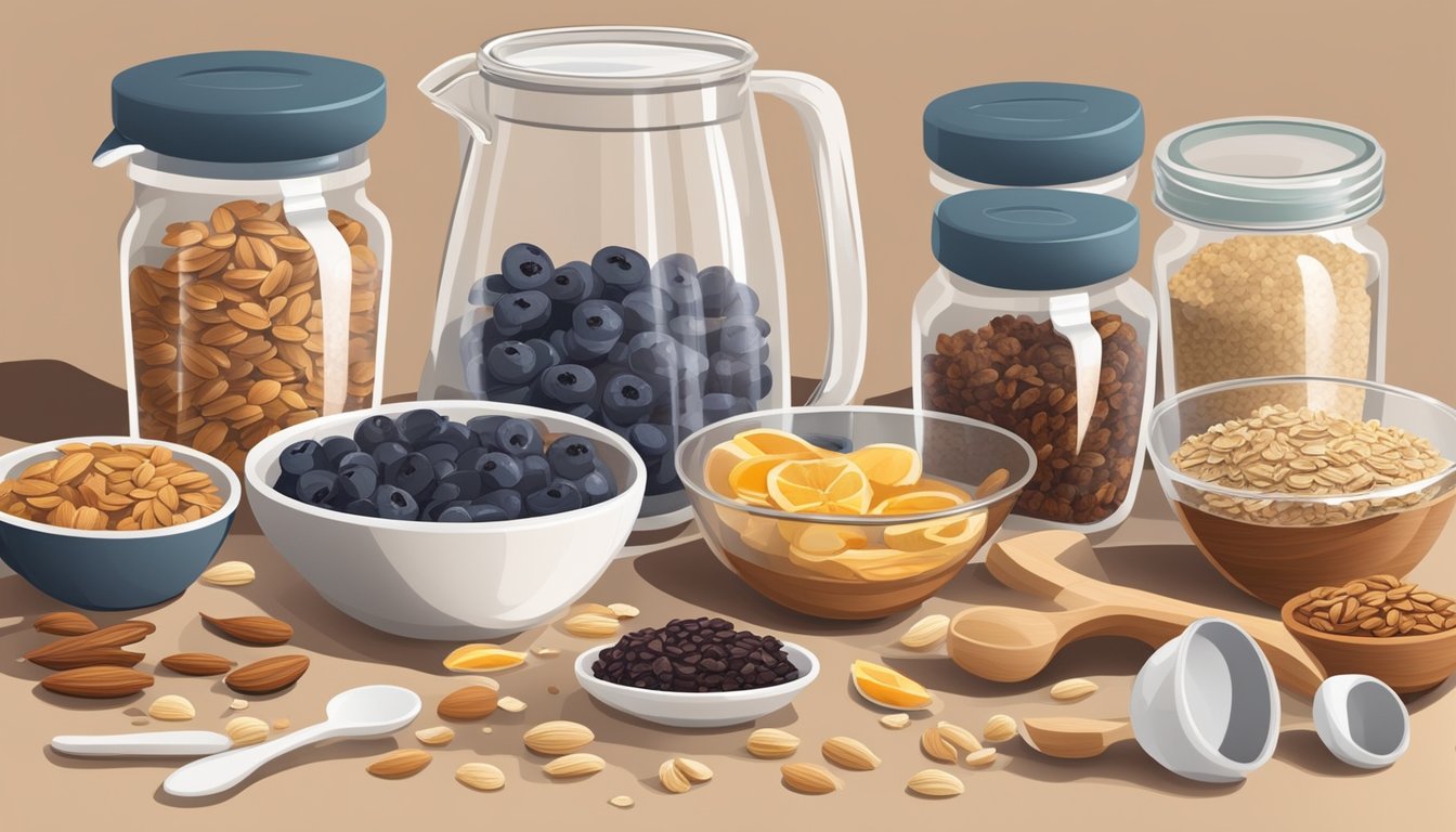 A set of measuring cups and spoons arranged neatly next to assorted ingredients for granola, such as oats, nuts, and dried fruit, on a clean kitchen counter