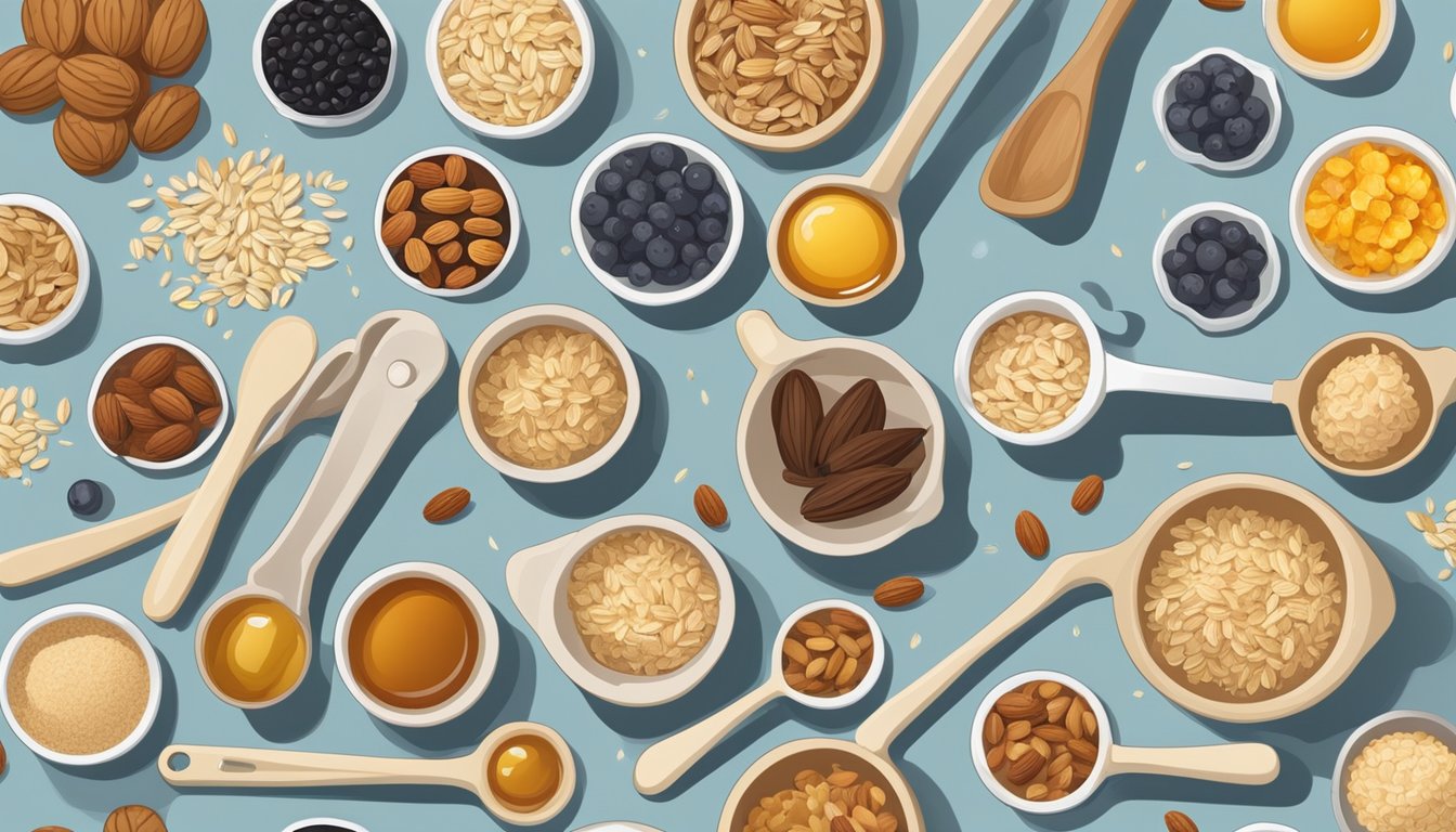 A set of measuring cups and spoons arranged neatly on a countertop, surrounded by various ingredients such as oats, nuts, honey, and dried fruit