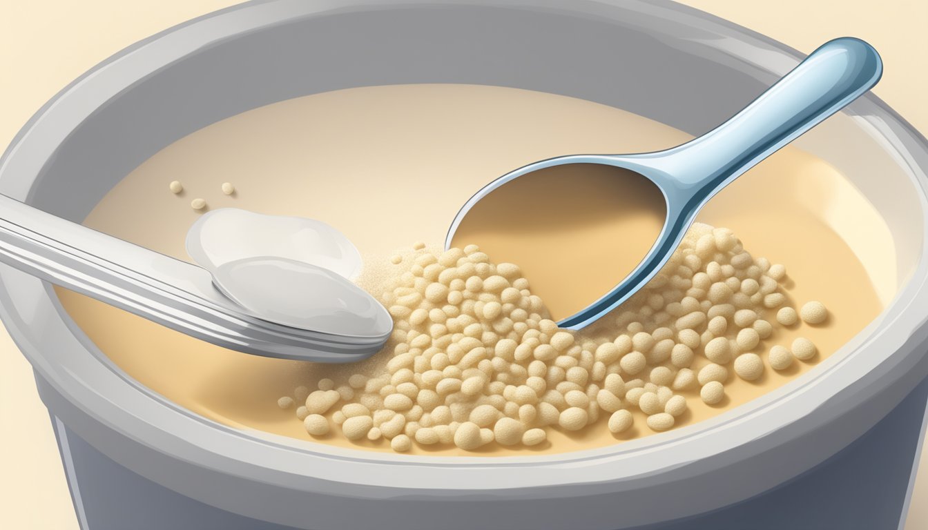 A pound of active dry yeast pouring into a measuring spoon, with additional spoons nearby for reference