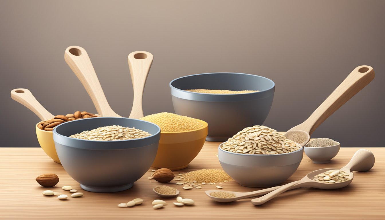 A set of measuring cups and spoons arranged neatly on a wooden countertop next to a bowl of oats, nuts, and honey