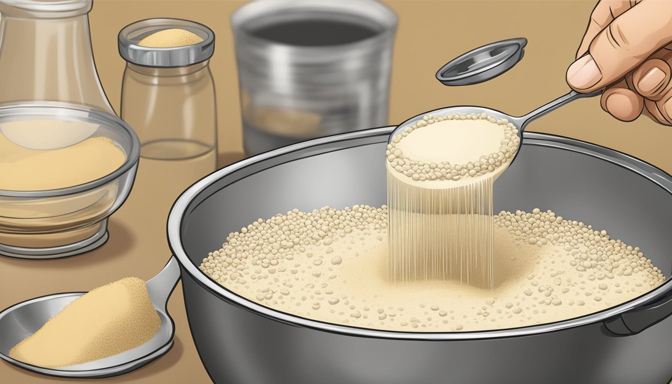 A pound of active dry yeast being measured out with a tablespoon