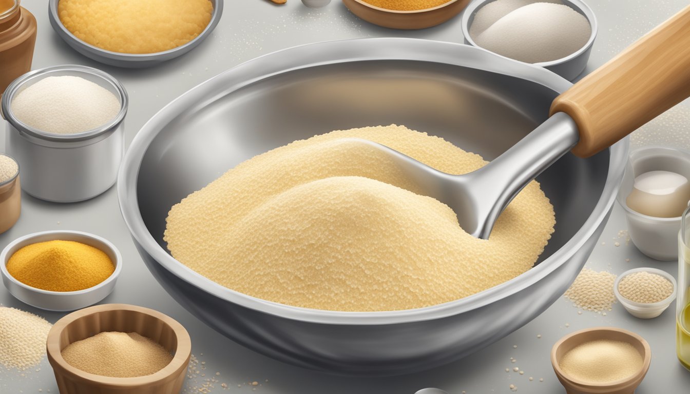 A pound of active dry yeast pouring out of a measuring spoon, surrounded by various baking ingredients and tools