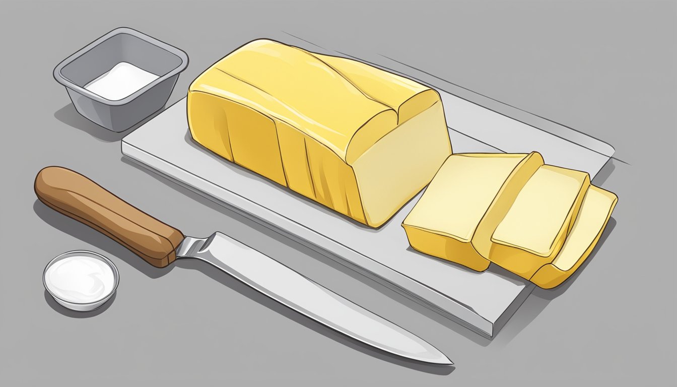 A stick of butter being sliced into perfect measurements for baking